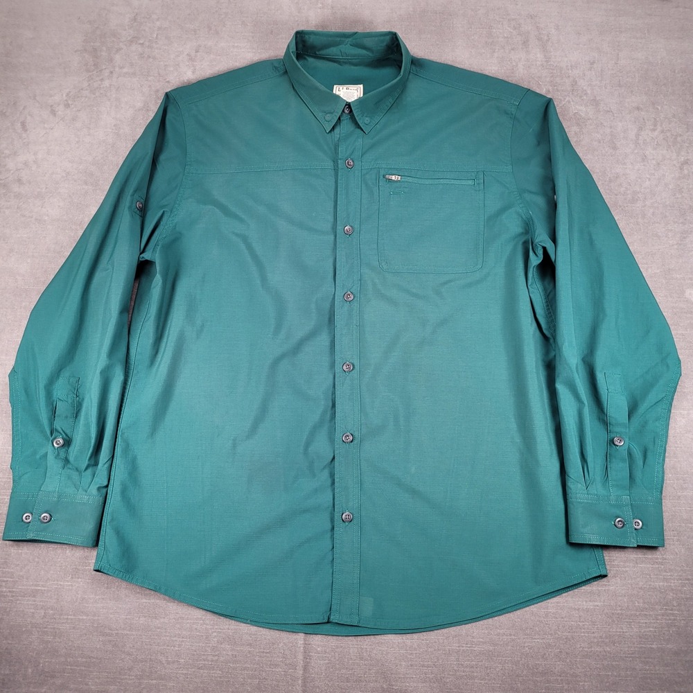L.L. Bean Button‎ Down Shirt Nylon Long Sleeve Snap Pockets Green Mens Size XL